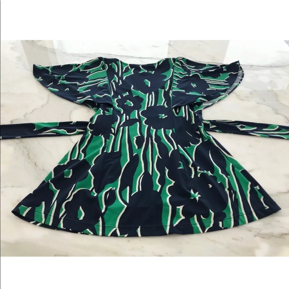 BCBG NAVY BLUE GREEN WHITE FAUX WRAP BELTED TOP SIZE XS - Picture 5 of 13